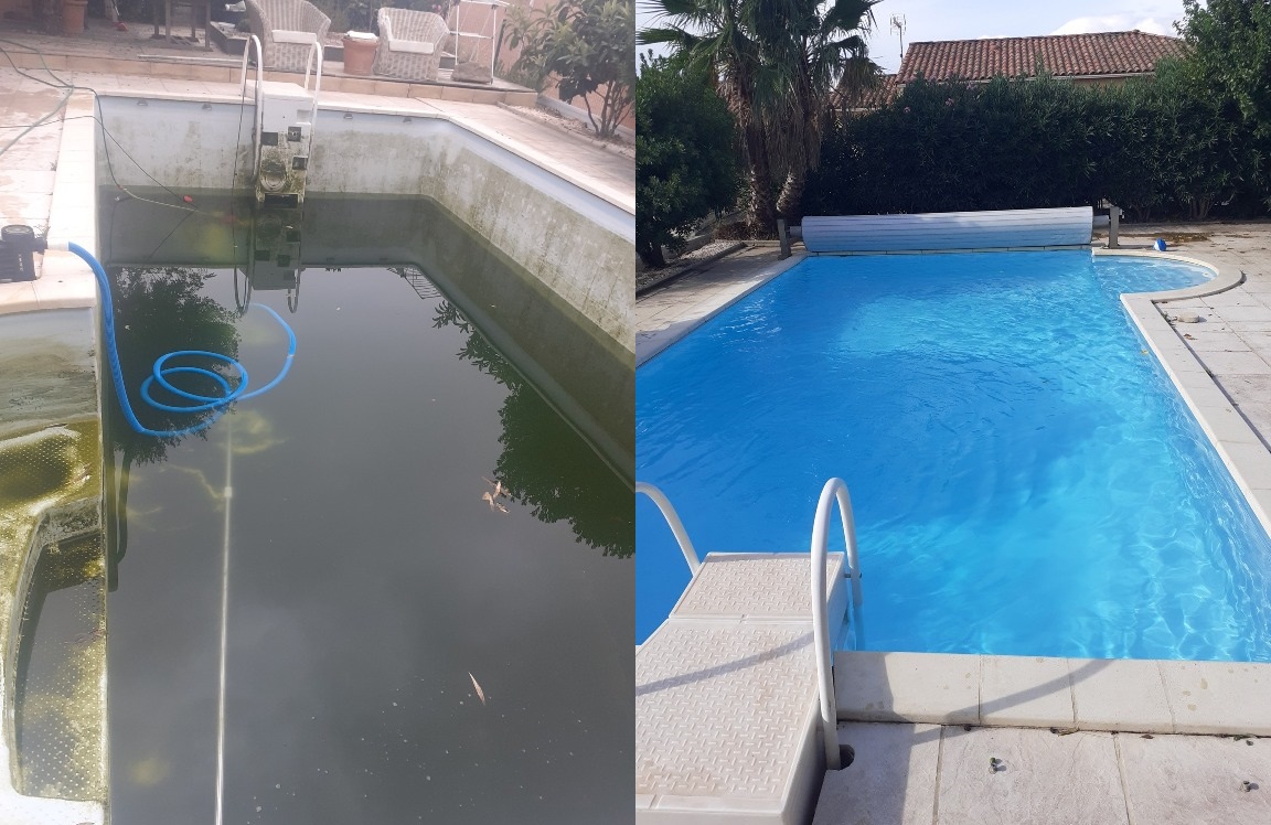 Vidange du bassin - Calcaire sur les parois